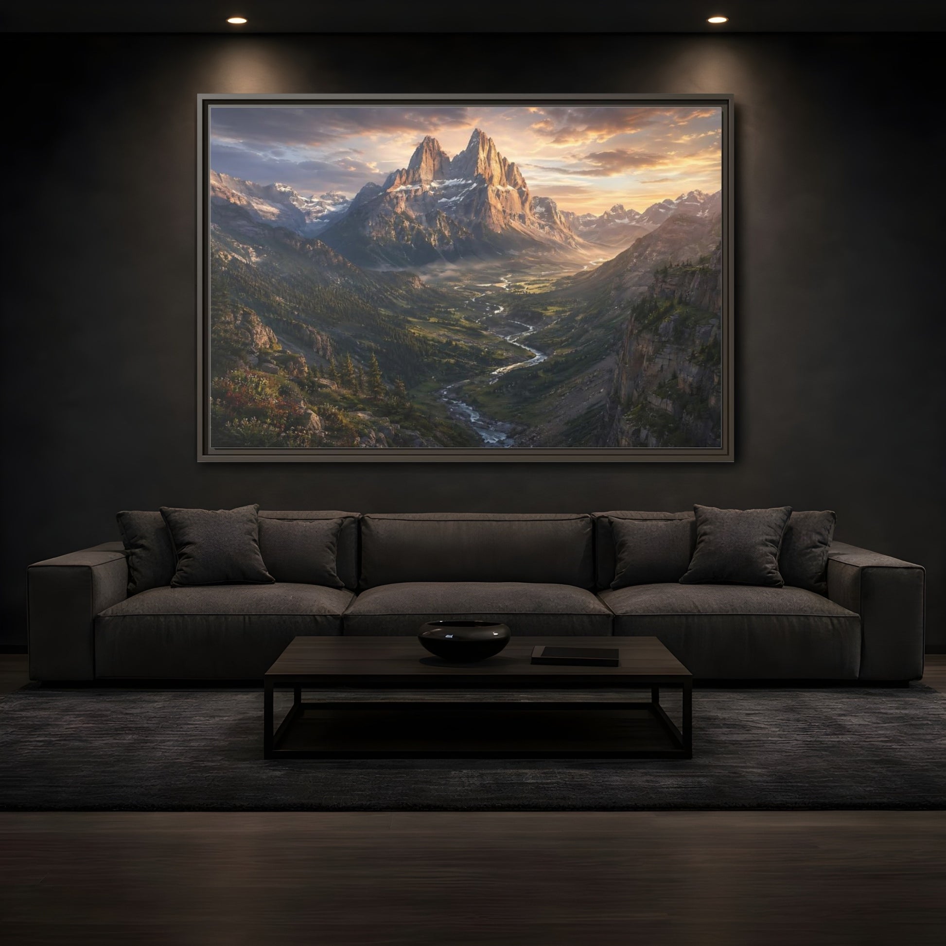 Mockup 3. Nature Mountain Peaks Golden Mountain Valley shown as stretched canvas wall art