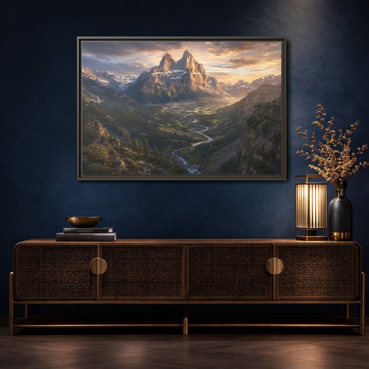 Mockup 4. Nature Mountain Peaks Golden Mountain Valley shown as stretched canvas wall art