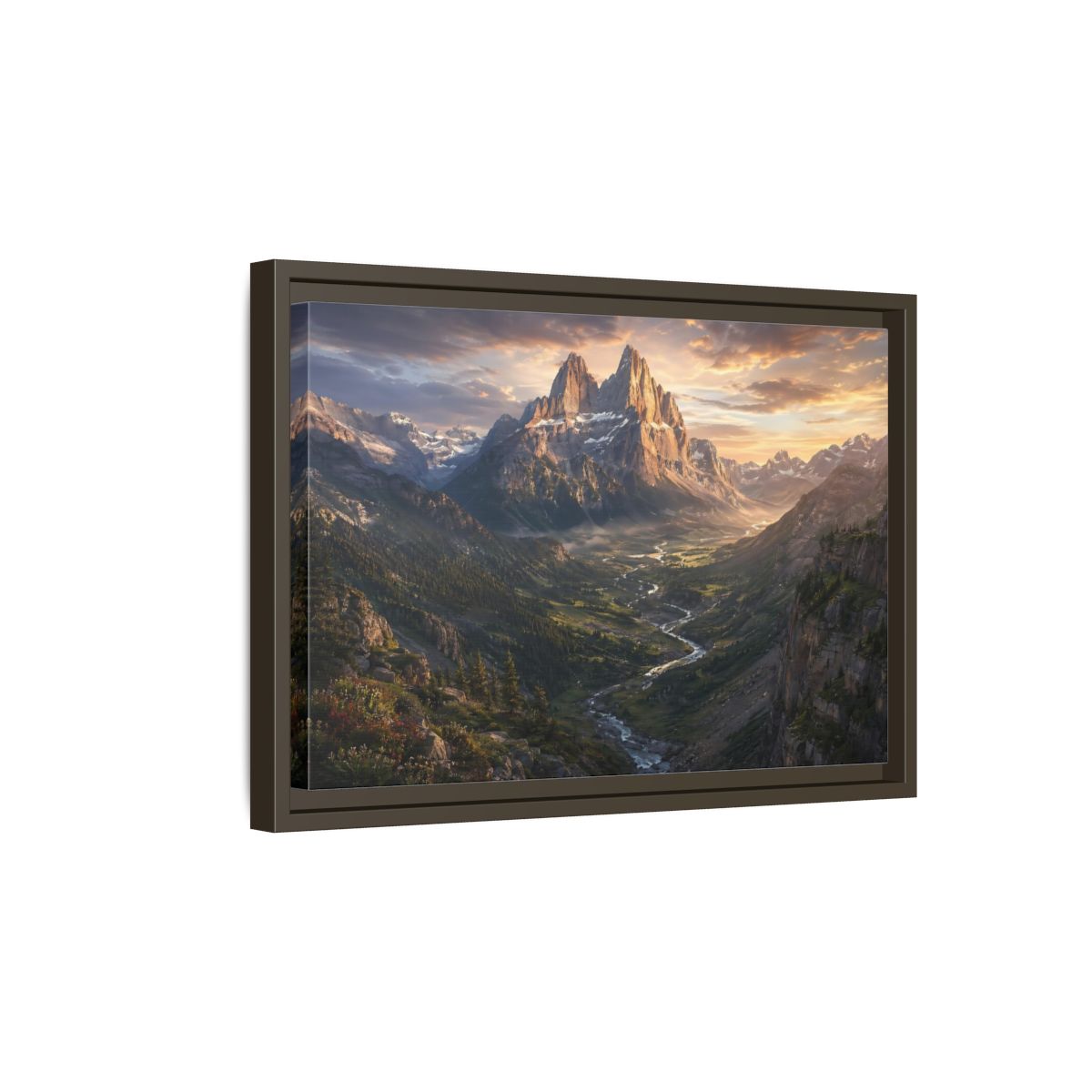Side Mockup 5. Nature Mountain Peaks Golden Mountain Valley shown as stretched canvas wall art