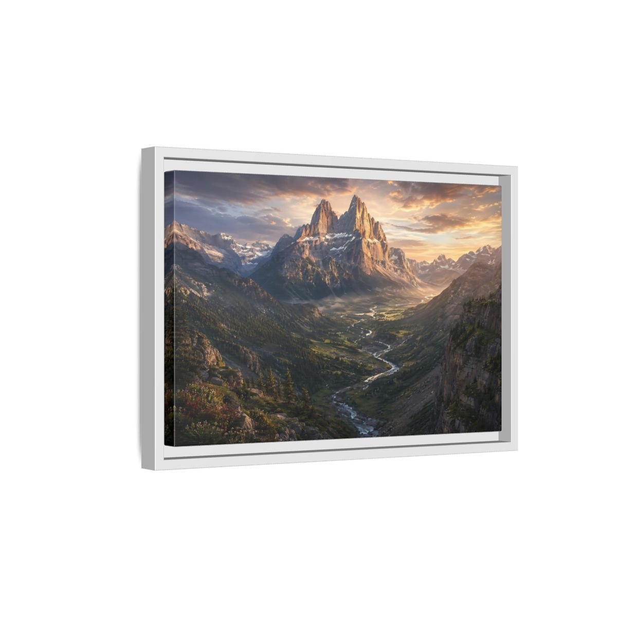 Side Mockup 4. Nature Mountain Peaks Golden Mountain Valley shown as stretched canvas wall art