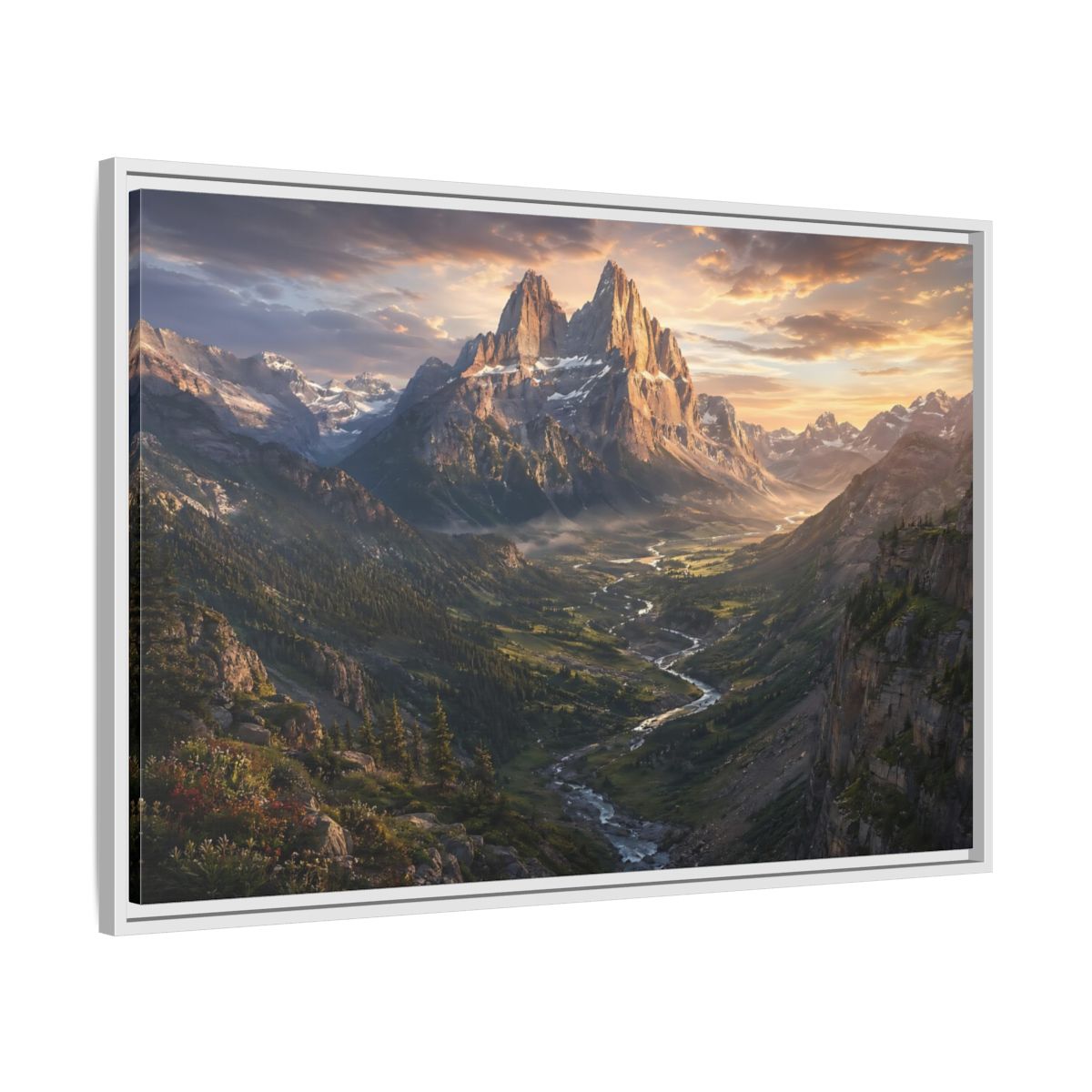 Side Mockup 9. Nature Mountain Peaks Golden Mountain Valley shown as stretched canvas wall art