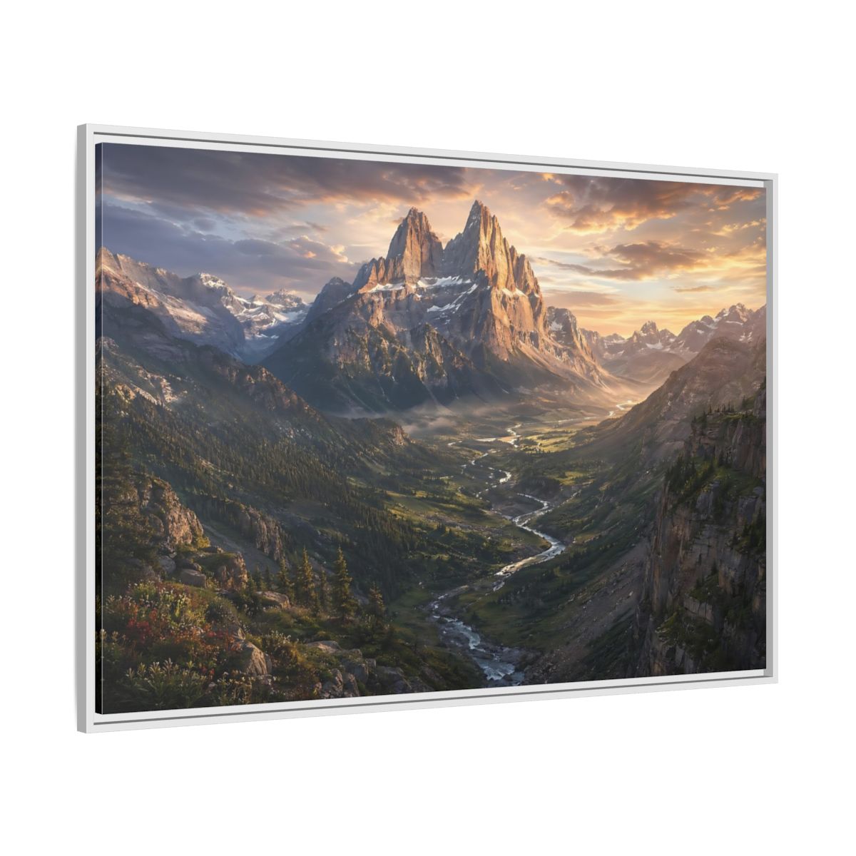 Side Mockup 7. Nature Mountain Peaks Golden Mountain Valley shown as stretched canvas wall art