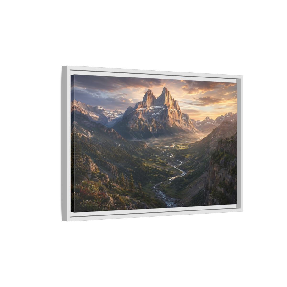 Side Mockup 1. Nature Mountain Peaks Golden Mountain Valley shown as stretched canvas wall art