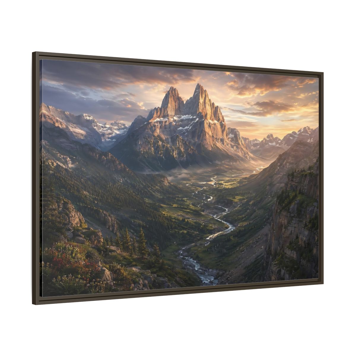 Side Mockup 8. Nature Mountain Peaks Golden Mountain Valley shown as stretched canvas wall art