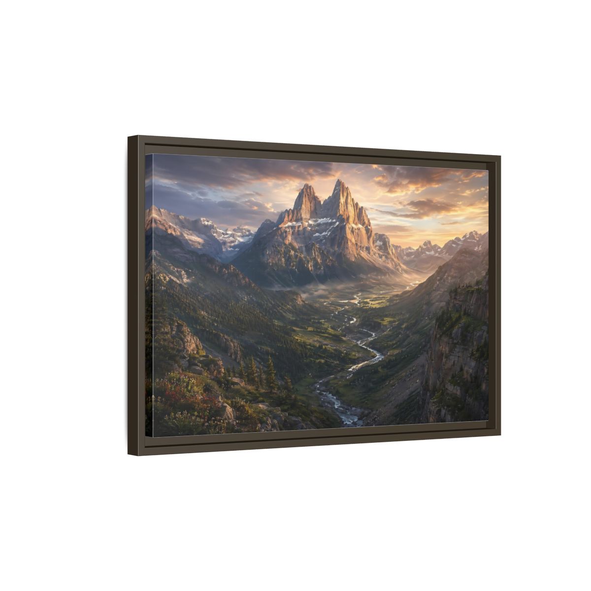 Side Mockup 2. Nature Mountain Peaks Golden Mountain Valley shown as stretched canvas wall art