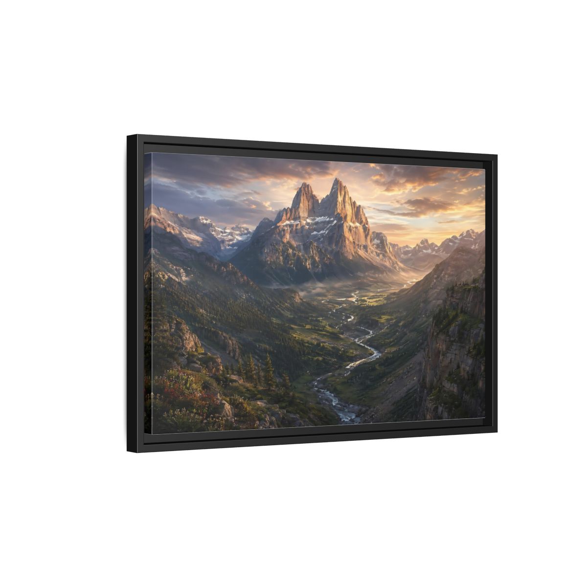 Side Mockup 3. Nature Mountain Peaks Golden Mountain Valley shown as stretched canvas wall art