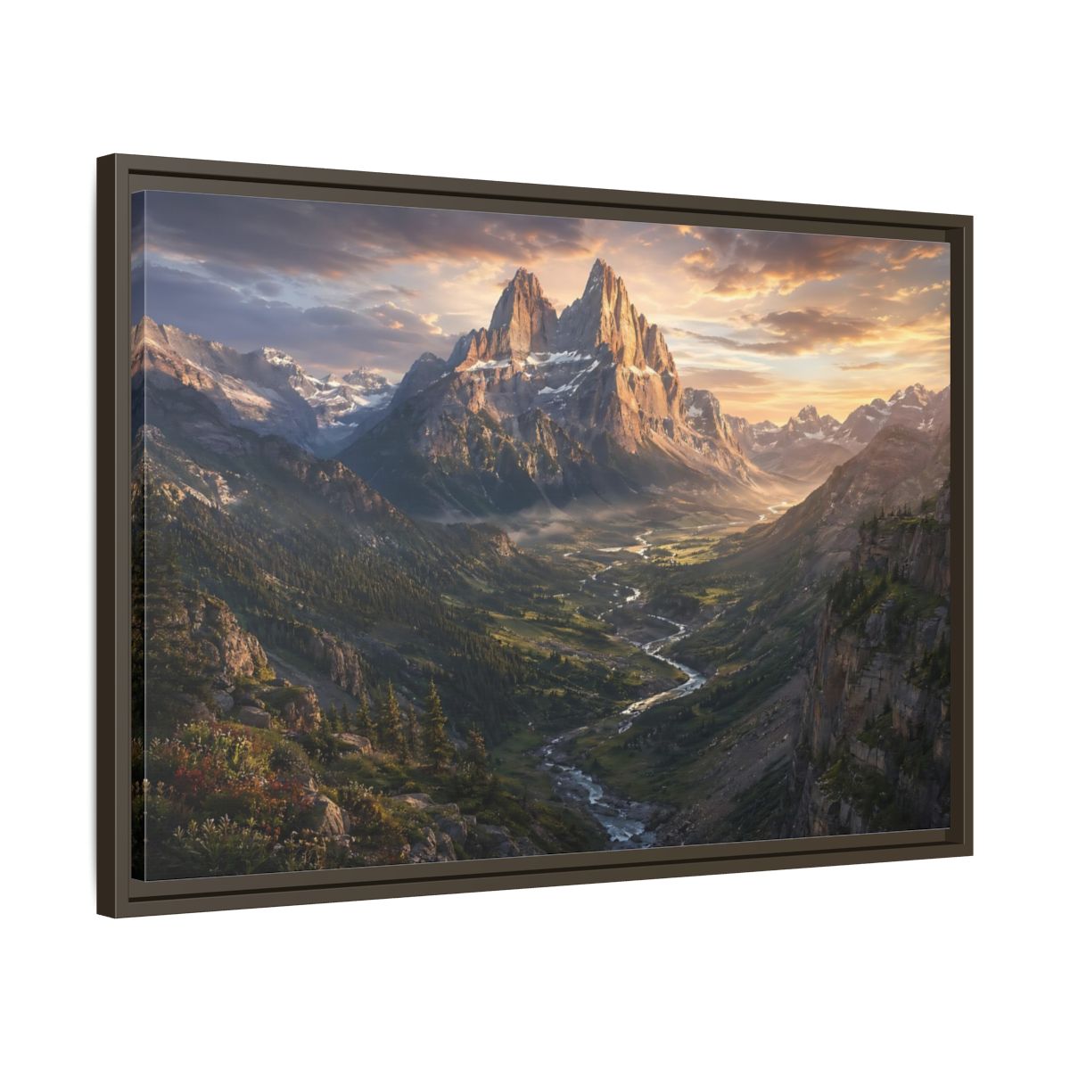 Side Mockup 11. Nature Mountain Peaks Golden Mountain Valley shown as stretched canvas wall art