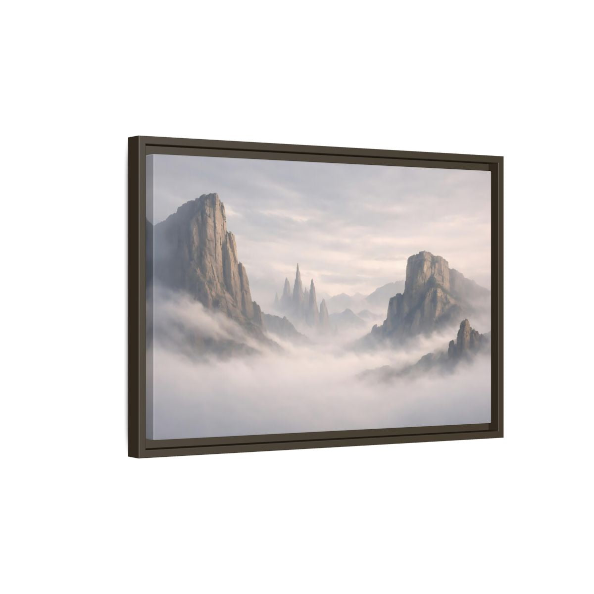 Side Mockup 2. Nature Mountain Peaks Misty Mountain shown as stretched canvas wall art
