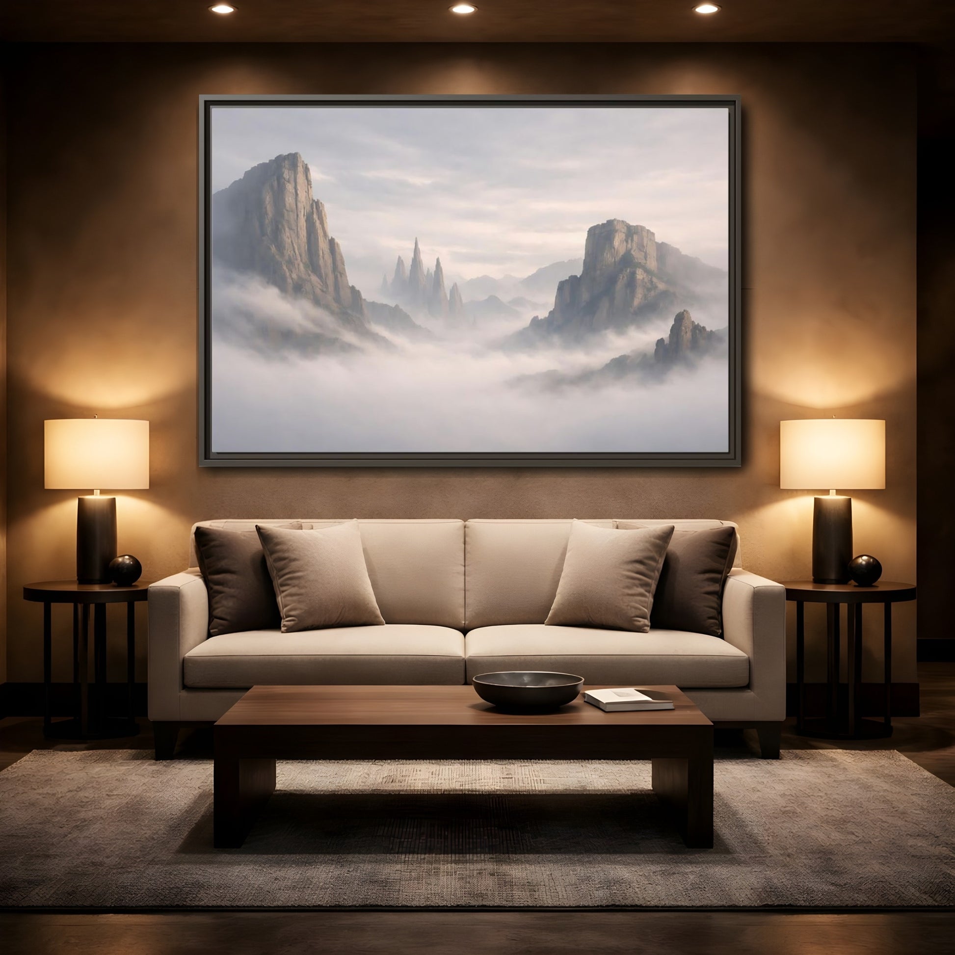 Mockup 2. Nature Mountain Peaks Misty Mountain shown as stretched canvas wall art