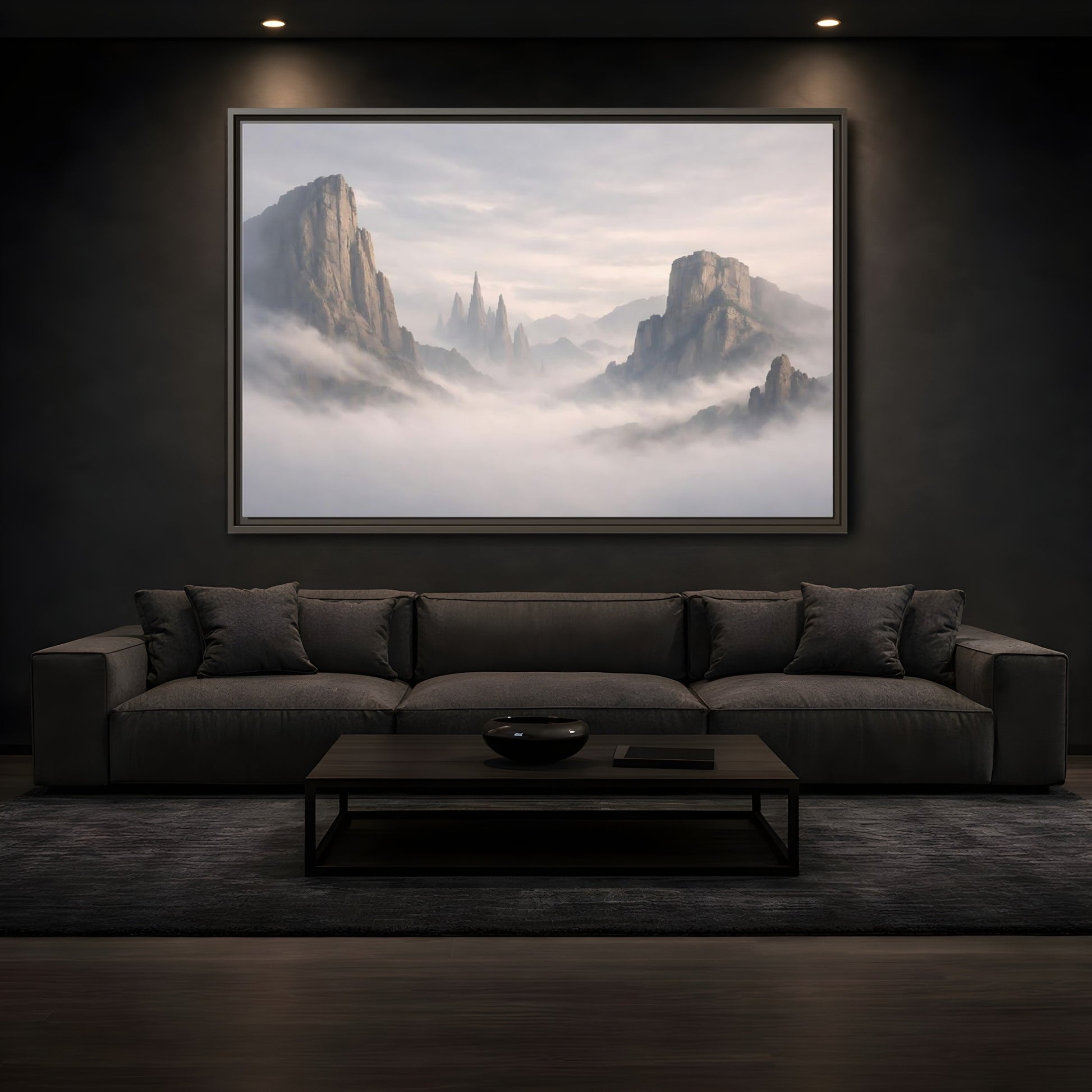 Mockup 3. Nature Mountain Peaks Misty Mountain shown as stretched canvas wall art
