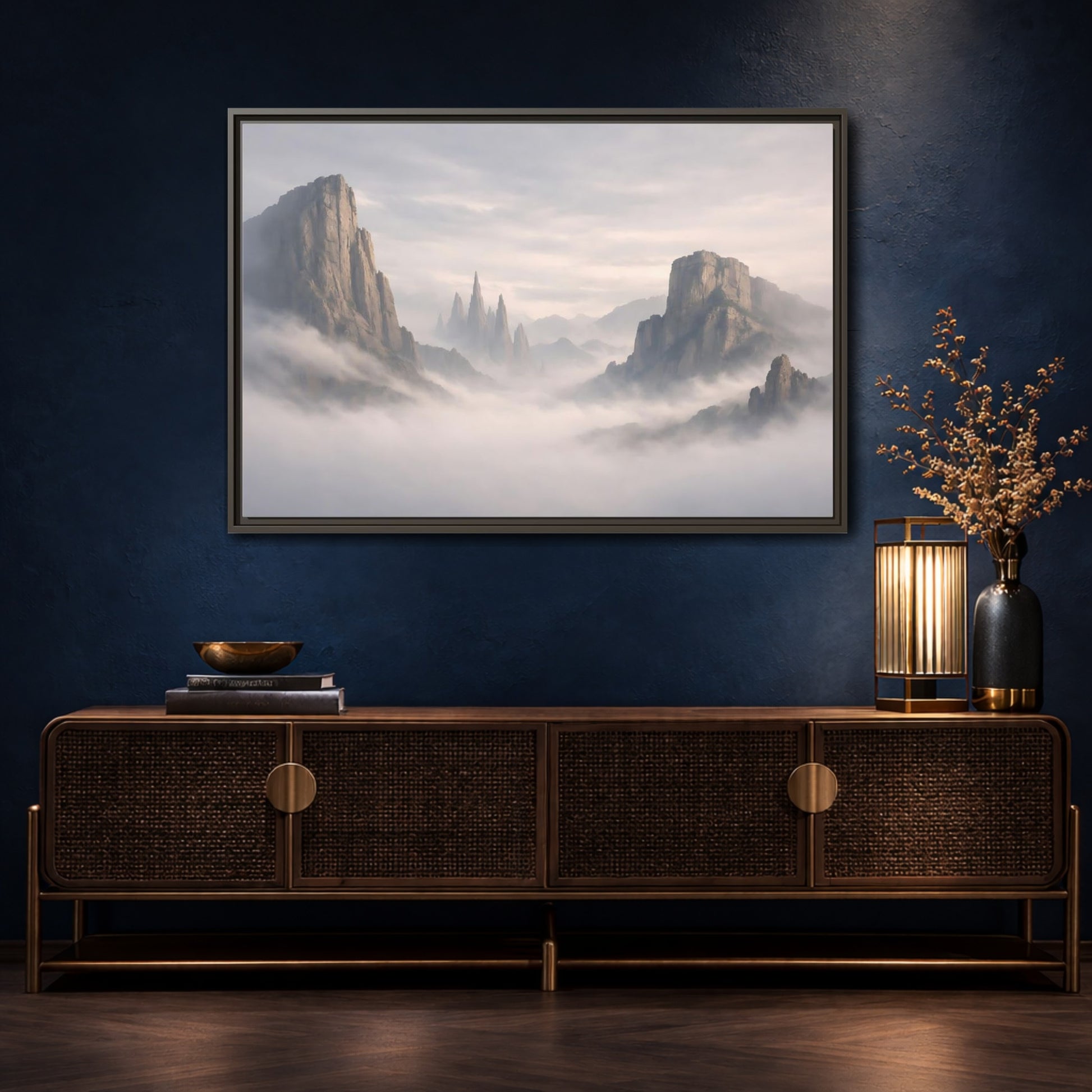 Mockup 4. Nature Mountain Peaks Misty Mountain shown as stretched canvas wall art