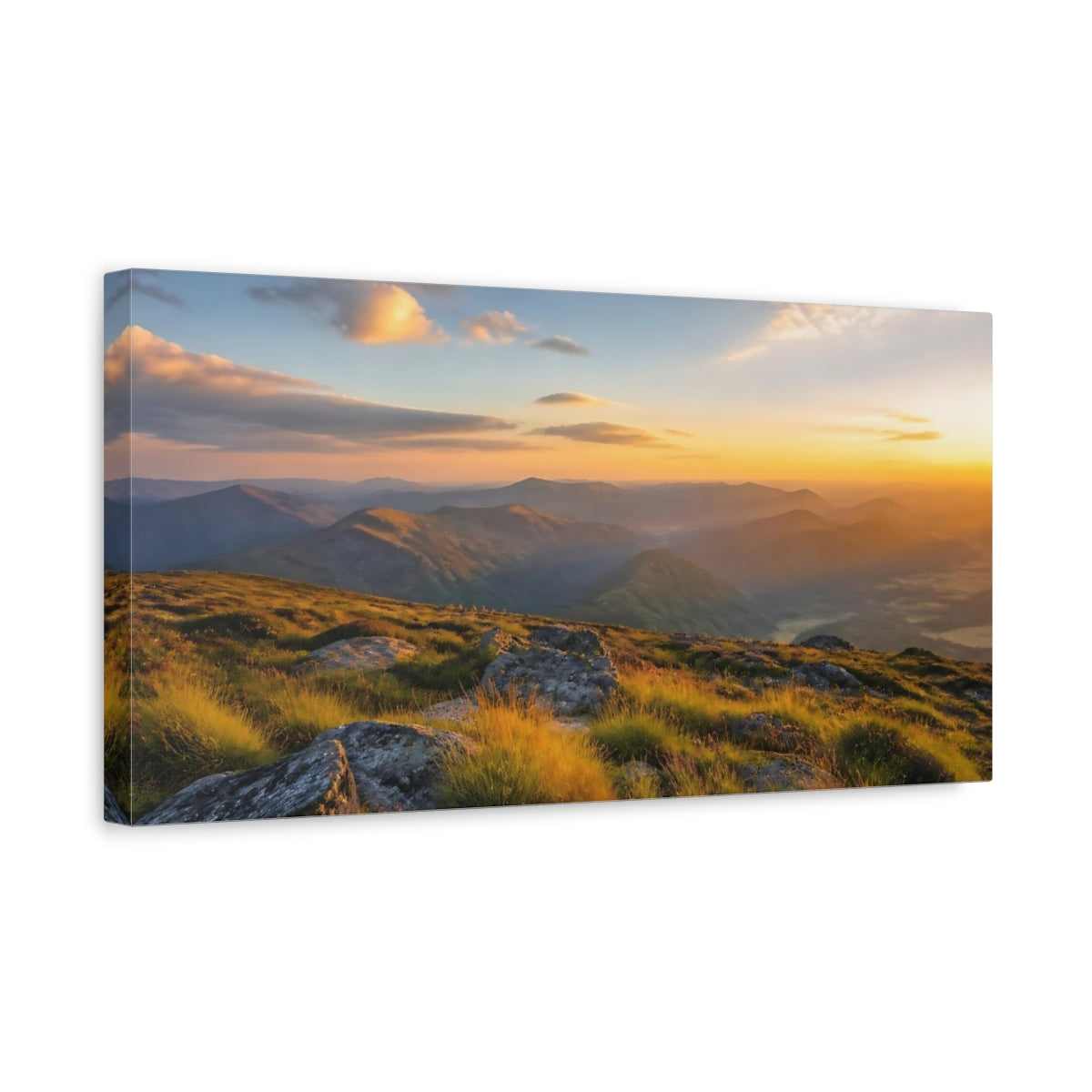 Side Mockup 3. Nature Mountain Range Golden Mountain Landscape shown as stretched canvas wall art