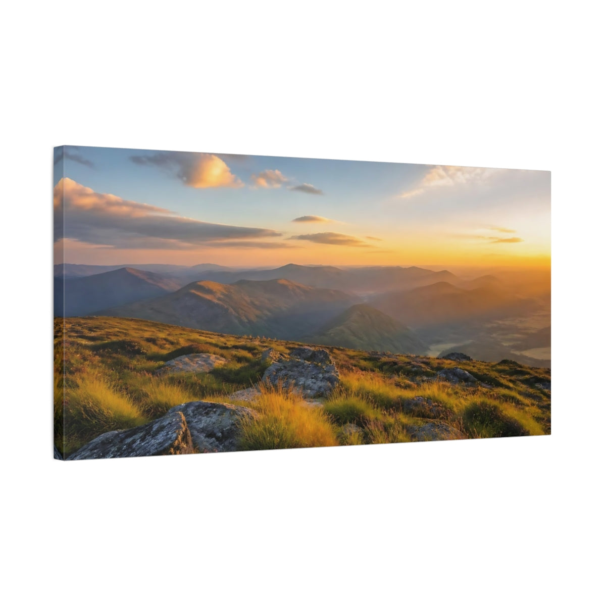 Side Mockup 1. Nature Mountain Range Golden Mountain Landscape shown as stretched canvas wall art