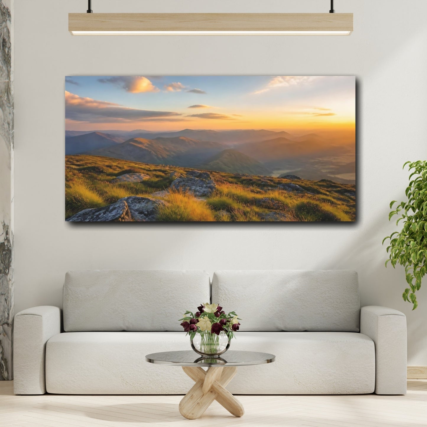 Mockup 2. Nature Mountain Range Golden Mountain Landscape shown as stretched canvas wall art