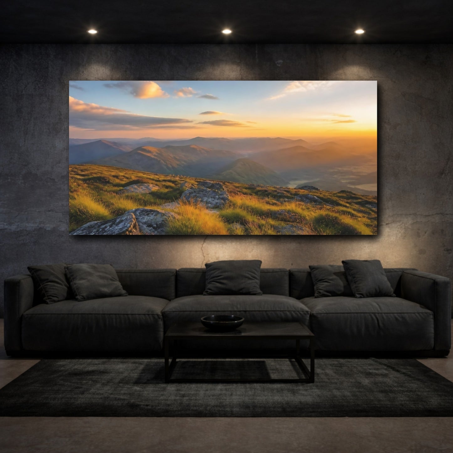 Mockup 3. Nature Mountain Range Golden Mountain Landscape shown as stretched canvas wall art