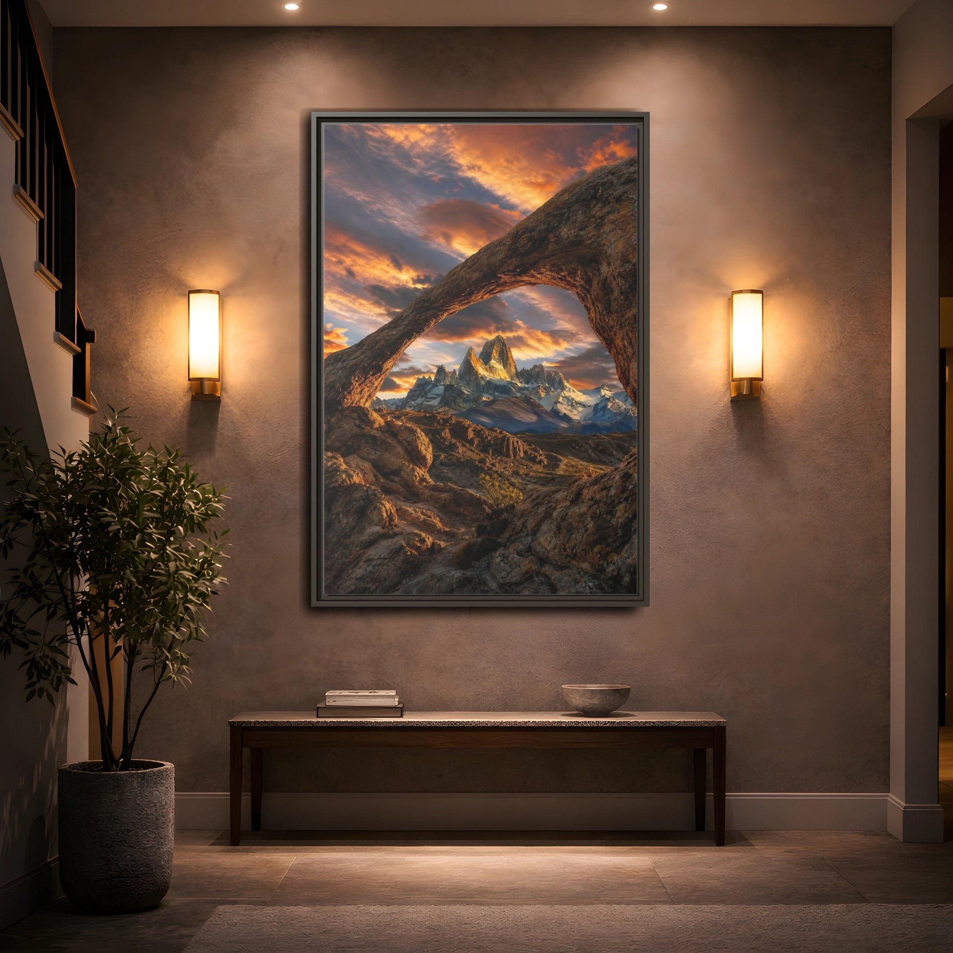 Mockup 2. Nature Mountain Range Orange Brown Mountains shown as stretched canvas wall art