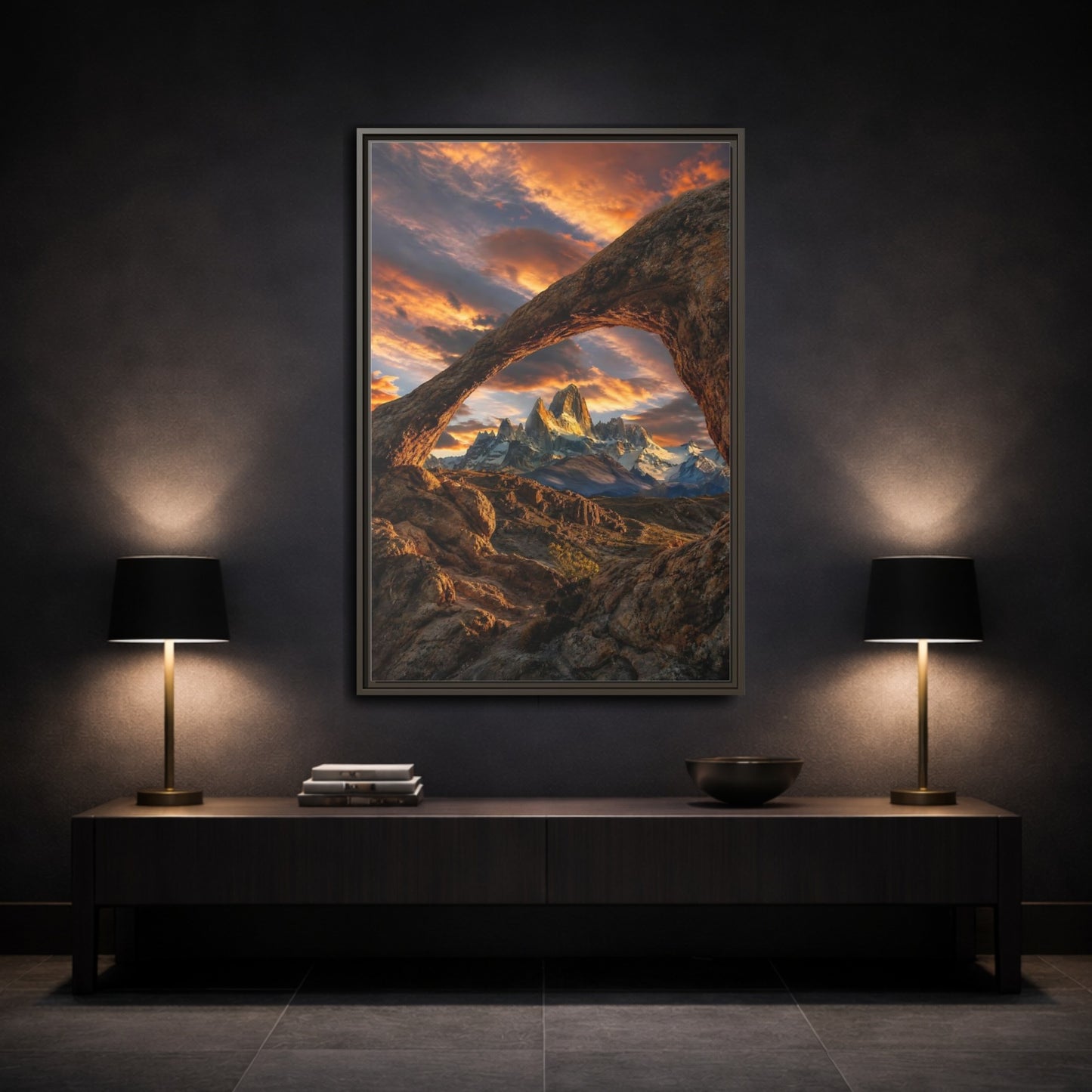 Mockup 3. Nature Mountain Range Orange Brown Mountains shown as stretched canvas wall art