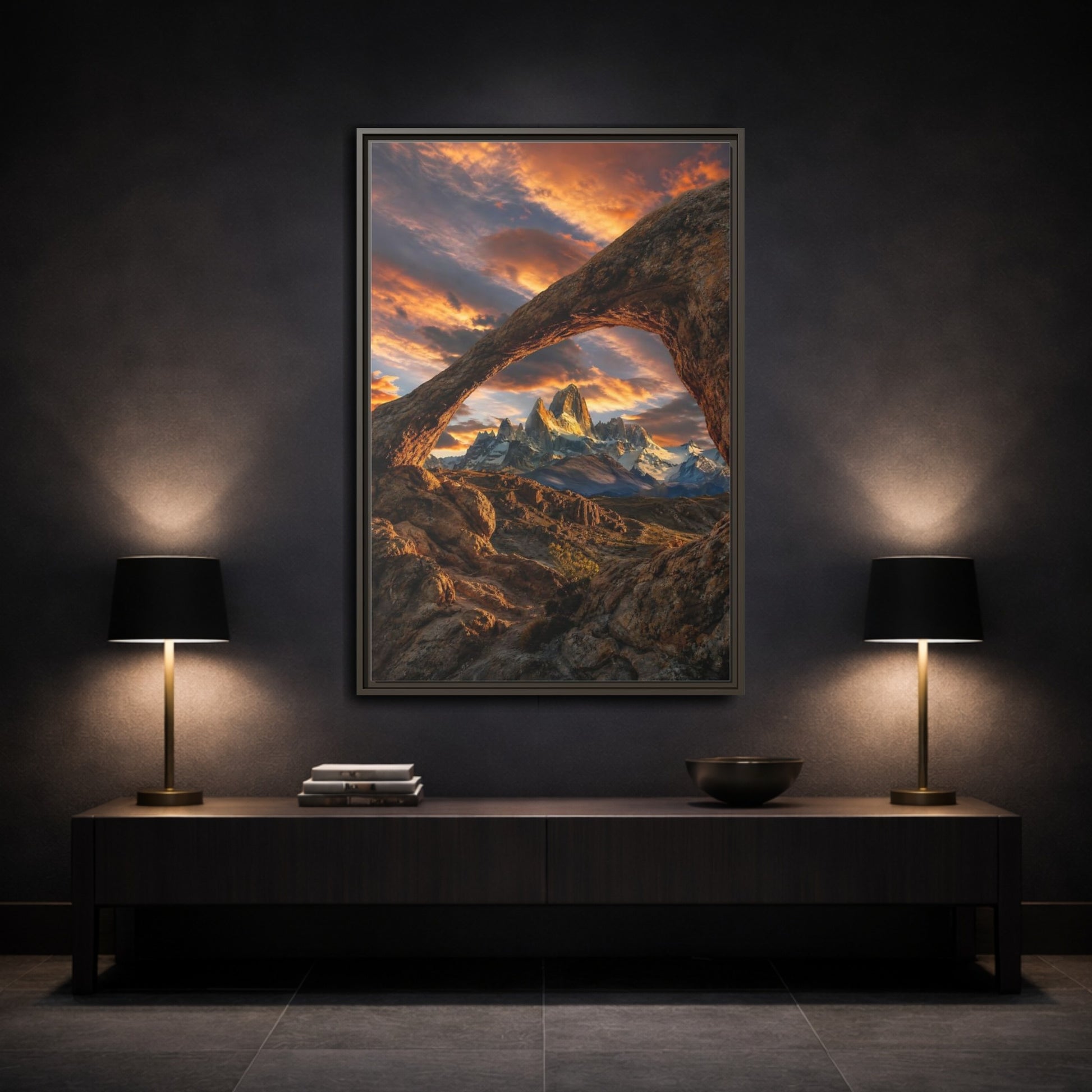 Mockup 3. Nature Mountain Range Orange Brown Mountains shown as stretched canvas wall art