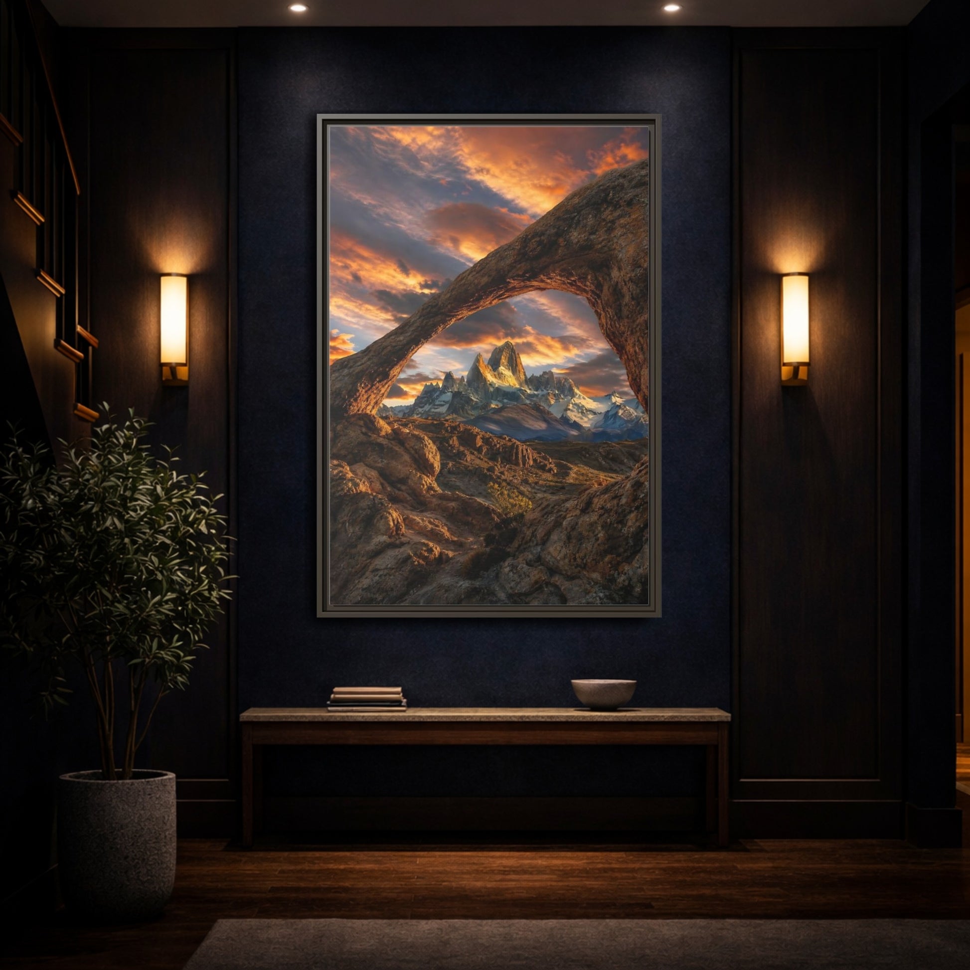 Mockup 4. Nature Mountain Range Orange Brown Mountains shown as stretched canvas wall art