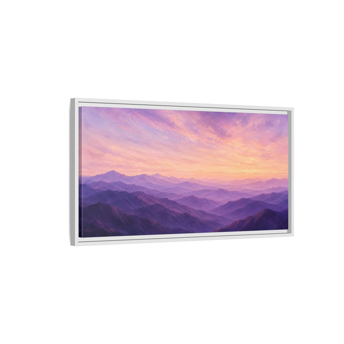 Side Mockup 1. Nature Mountain Range Purple Sunset Mountains shown as stretched canvas wall art