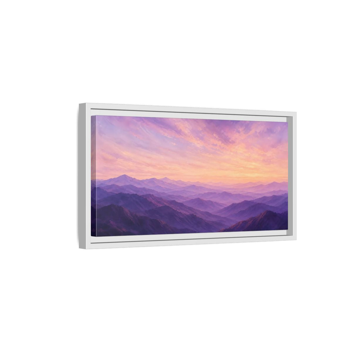 Side Mockup 6. Nature Mountain Range Purple Sunset Mountains shown as stretched canvas wall art