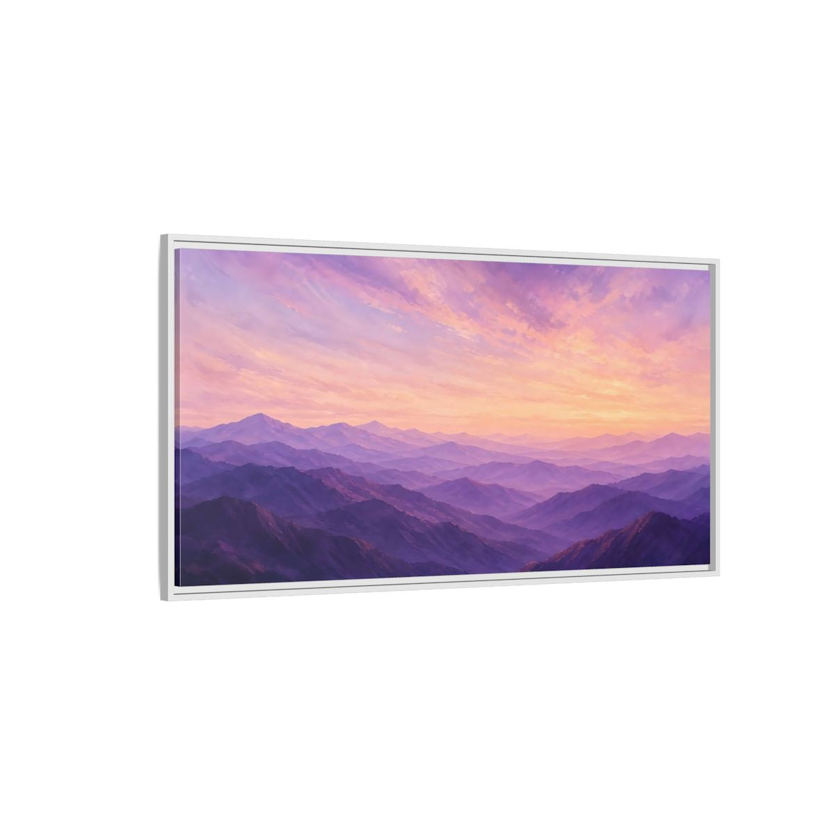 Side Mockup 3. Nature Mountain Range Purple Sunset Mountains shown as stretched canvas wall art