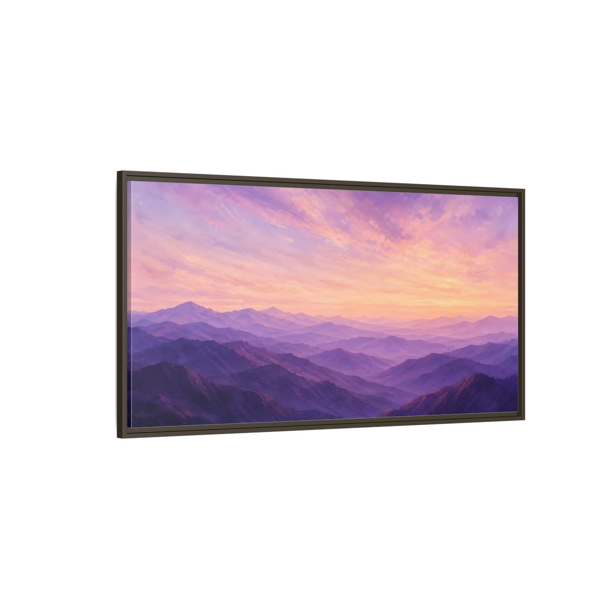 Side Mockup 4. Nature Mountain Range Purple Sunset Mountains shown as stretched canvas wall art