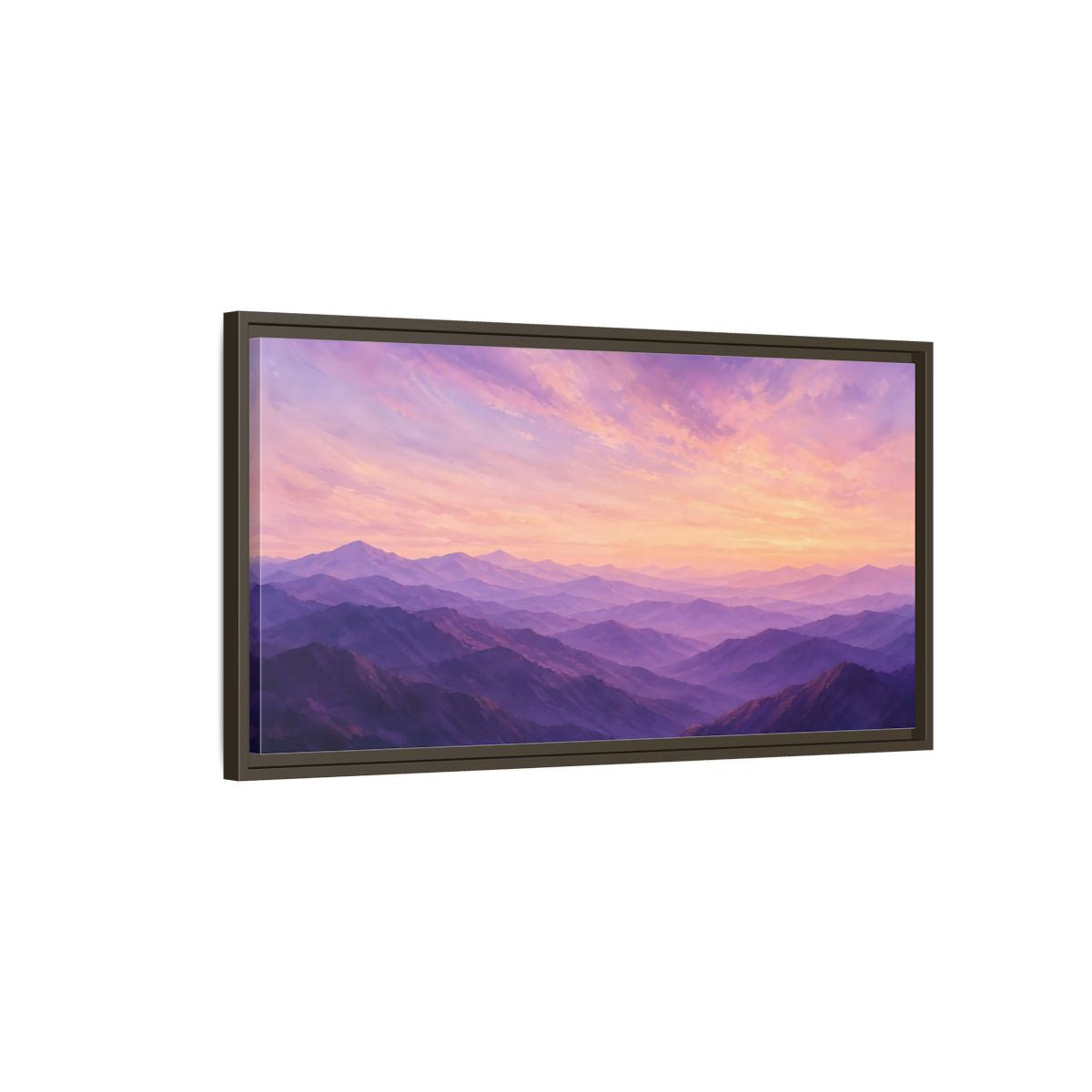 Main Mockup. Nature Mountain Range Purple Sunset Mountains shown as stretched canvas wall art
