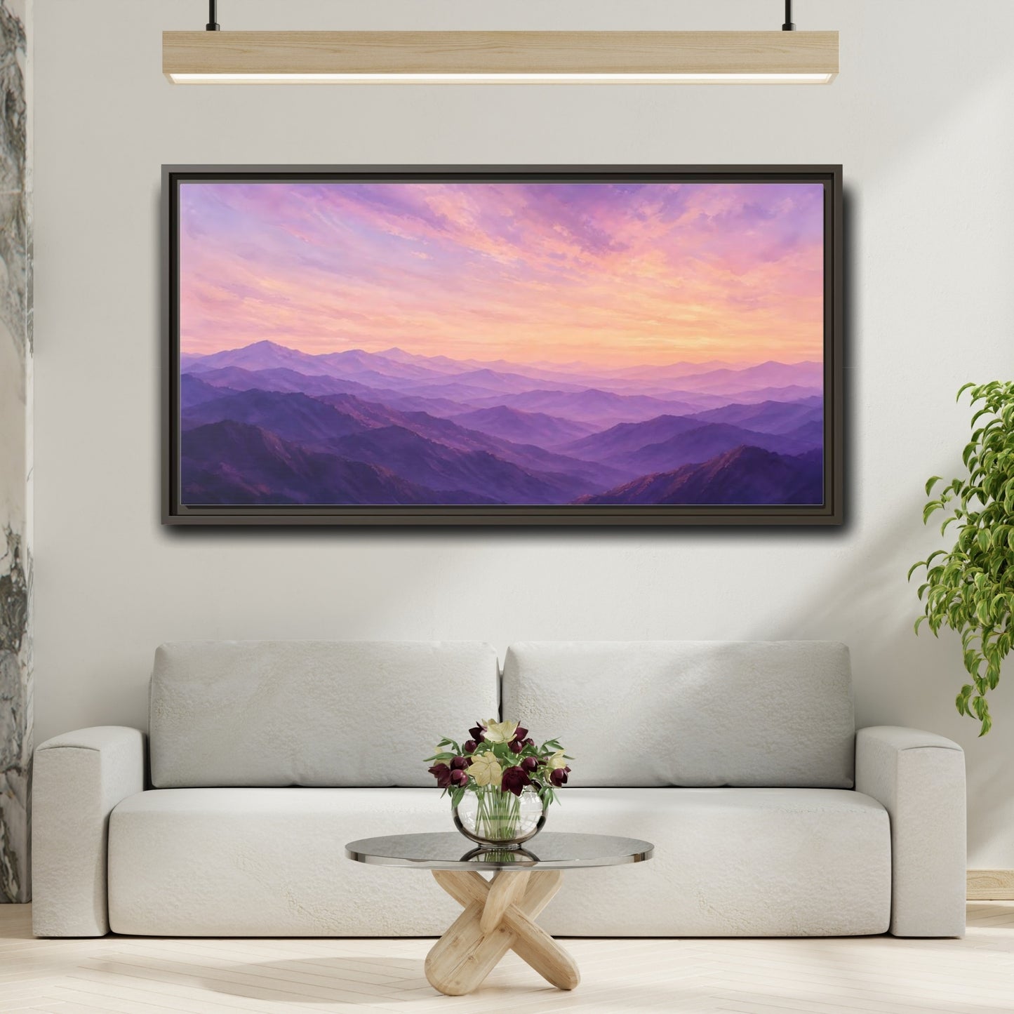 Mockup 2. Nature Mountain Range Purple Sunset Mountains shown as stretched canvas wall art