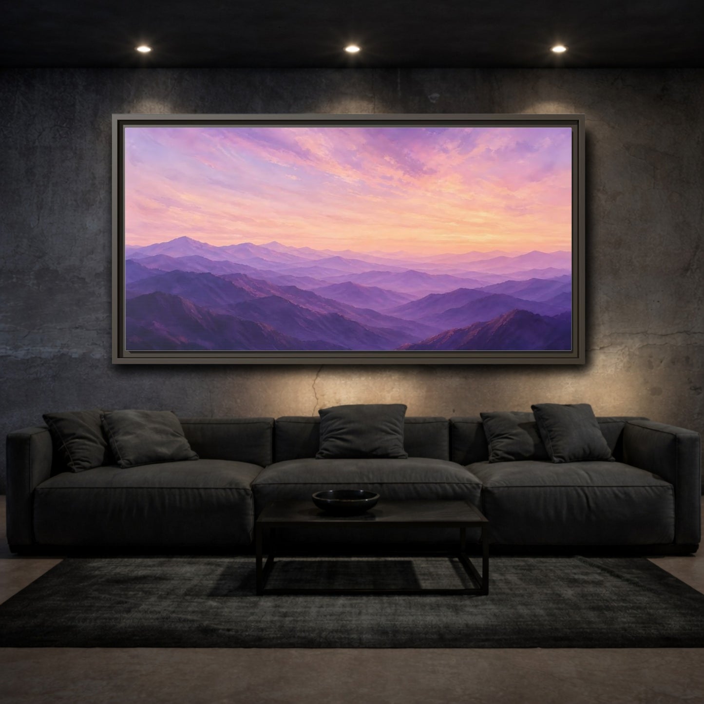 Mockup 3. Nature Mountain Range Purple Sunset Mountains shown as stretched canvas wall art