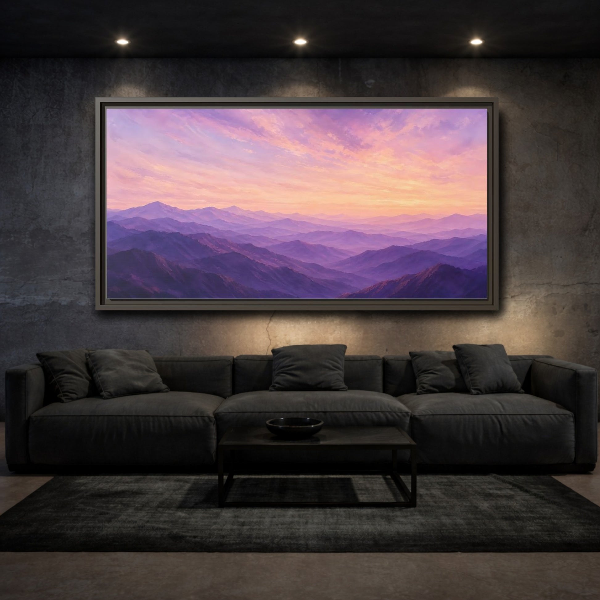 Mockup 3. Nature Mountain Range Purple Sunset Mountains shown as stretched canvas wall art