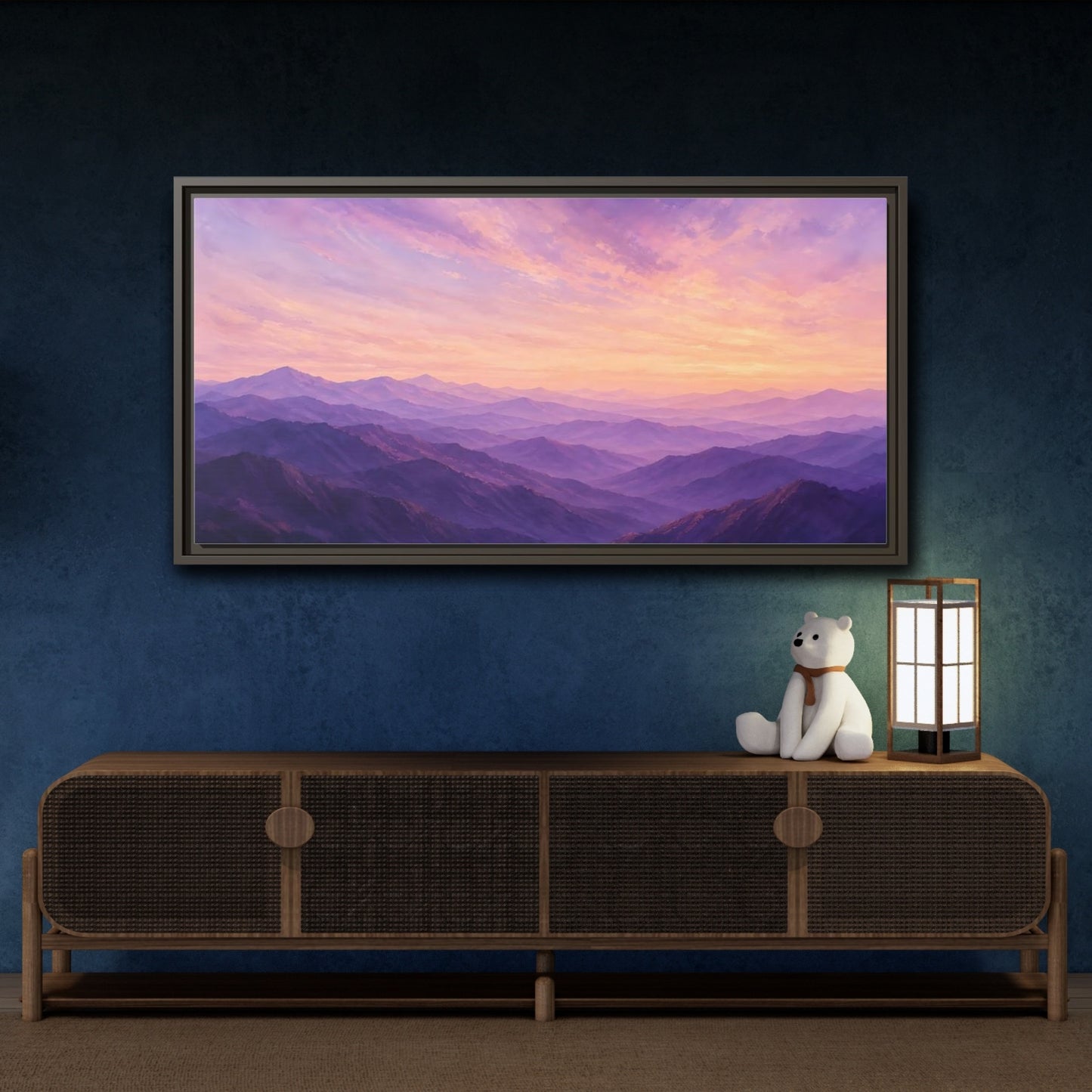 Mockup 4. Nature Mountain Range Purple Sunset Mountains shown as stretched canvas wall art