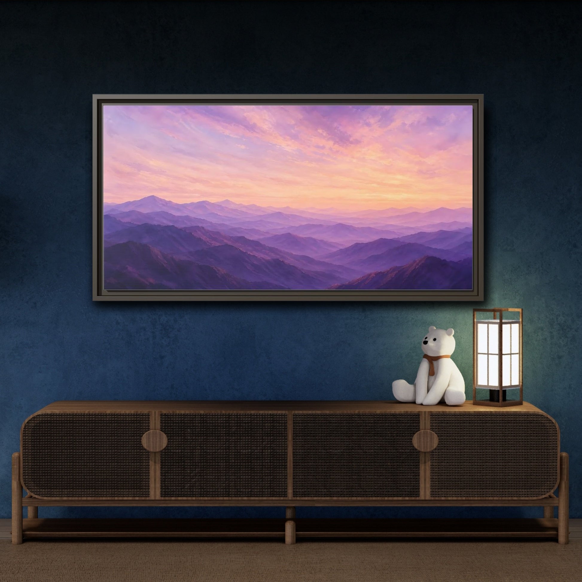 Mockup 4. Nature Mountain Range Purple Sunset Mountains shown as stretched canvas wall art