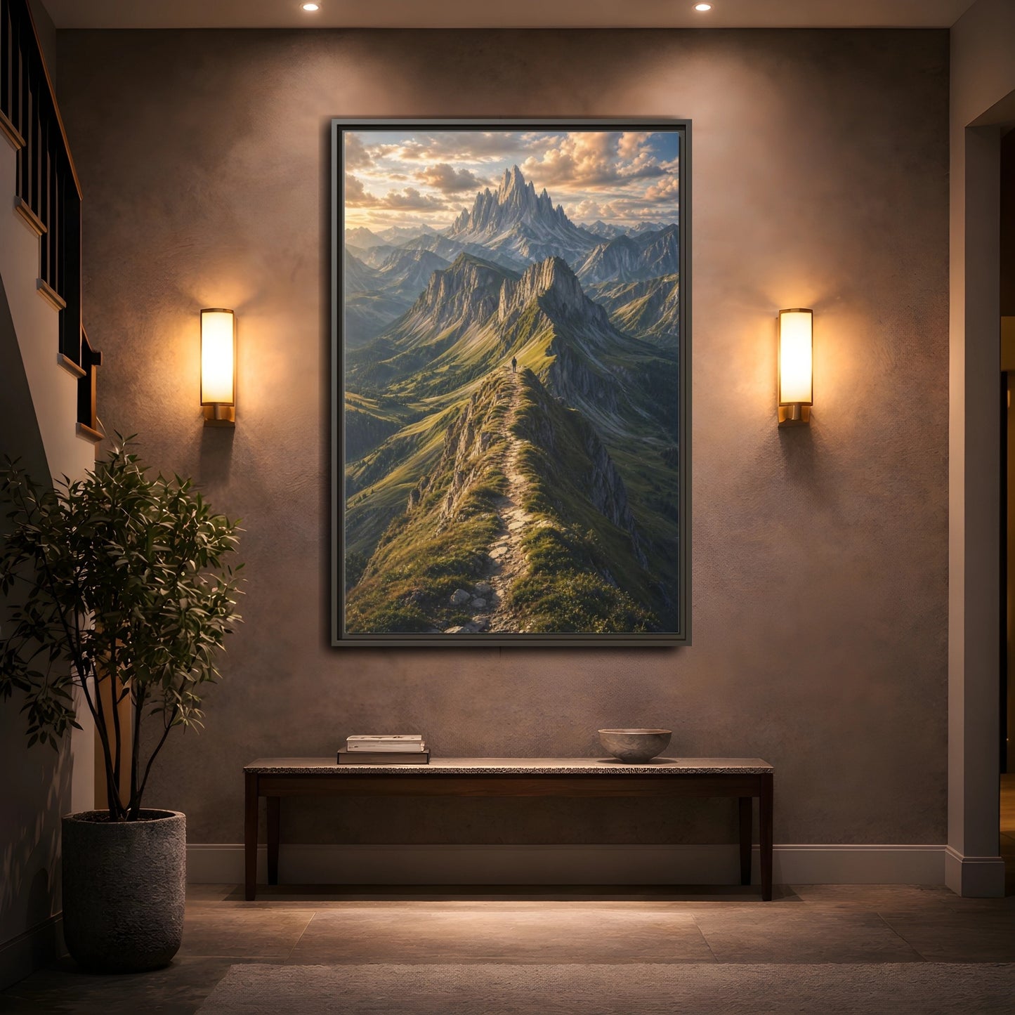 Mockup 2. Nature Mountain Ridge Green Mountain Sunset shown as stretched canvas wall art