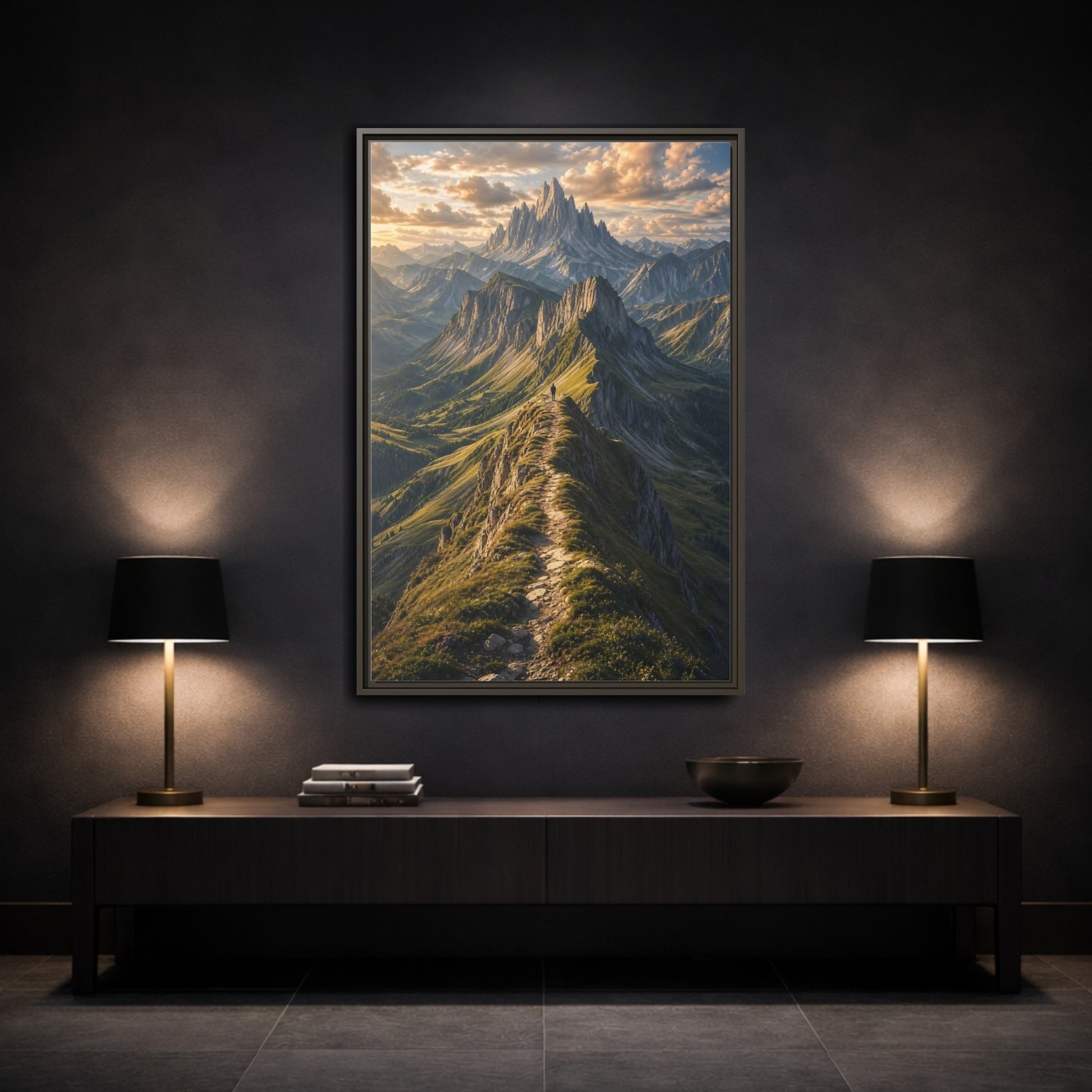 Mockup 3. Nature Mountain Ridge Green Mountain Sunset shown as stretched canvas wall art