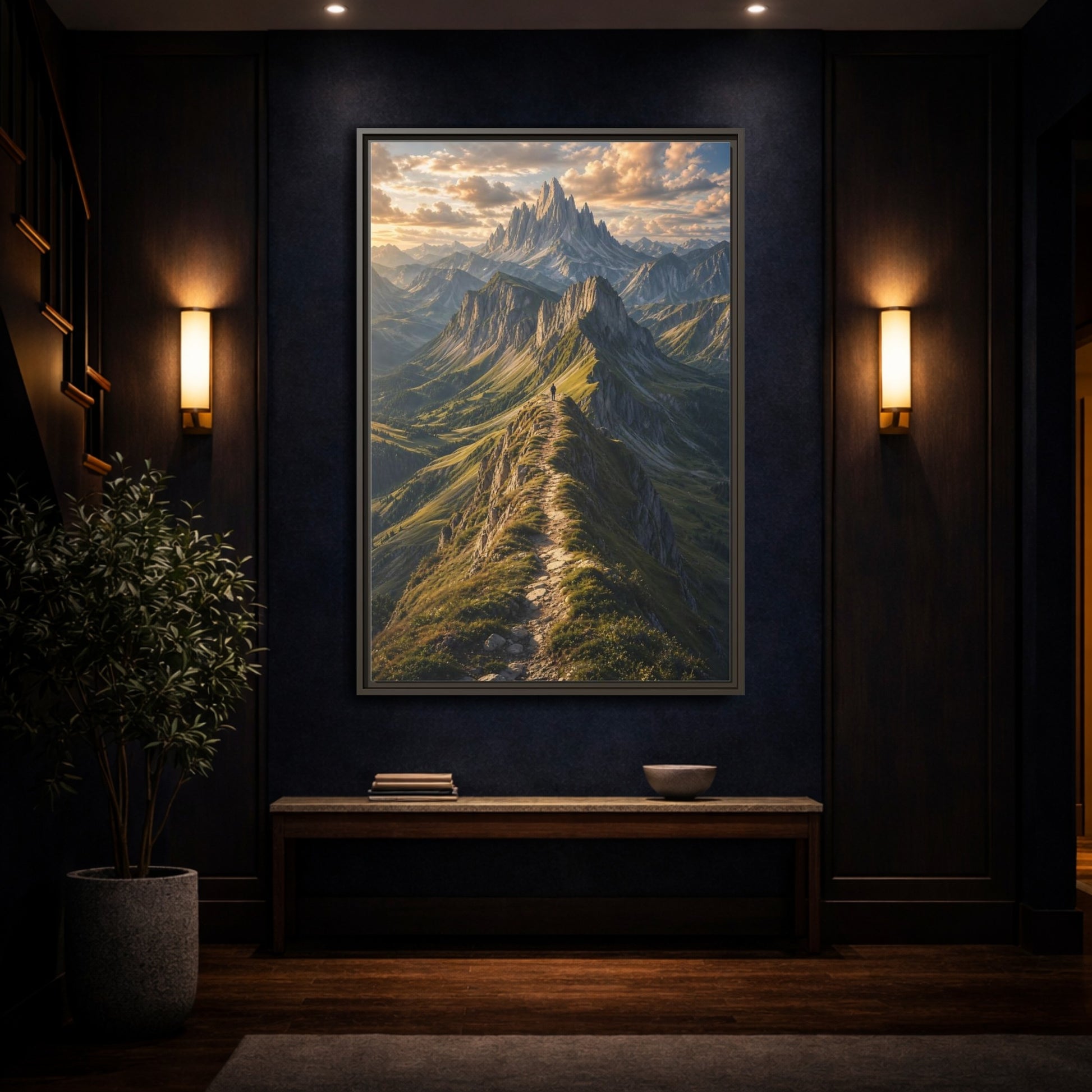 Mockup 4. Nature Mountain Ridge Green Mountain Sunset shown as stretched canvas wall art