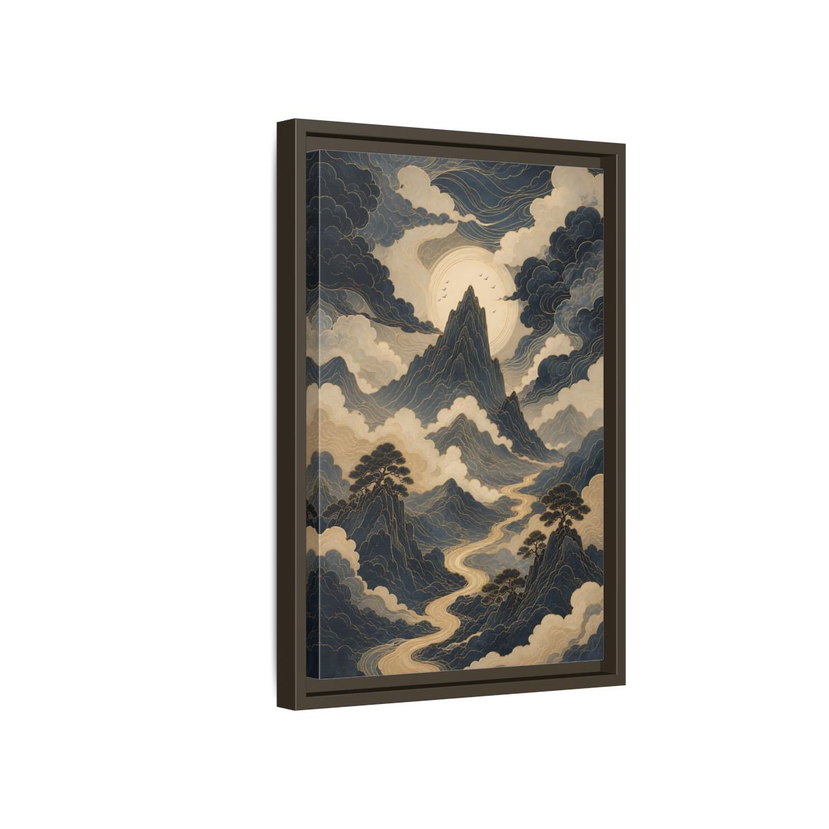 Nature Mountain River Blue and Gold Framed Canvas Wall Art - Traditional Living Room, Above Console Table shown as canvas wall art