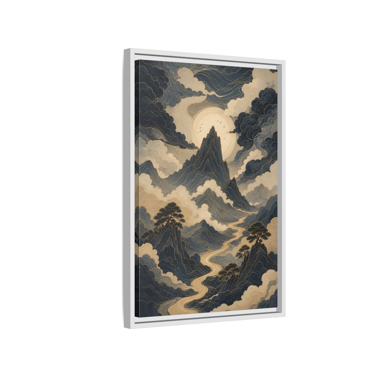 Nature Mountain River Blue and Gold Framed Canvas Wall Art - Traditional Living Room, Above Console Table shown as canvas wall art