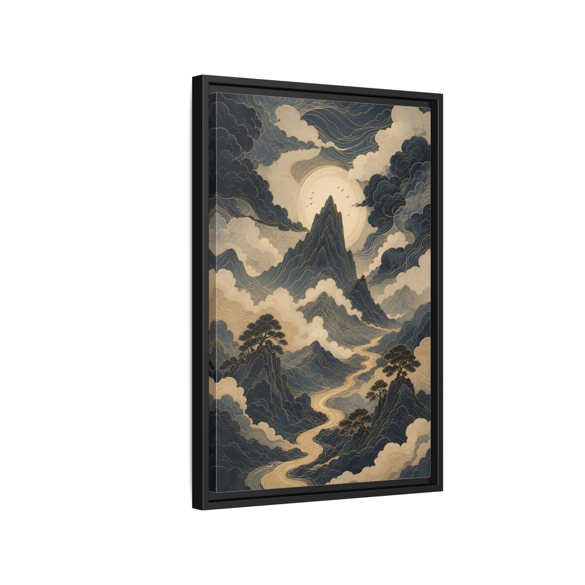 Nature Mountain River Blue and Gold Framed Canvas Wall Art - Traditional Living Room, Above Console Table shown as canvas wall art