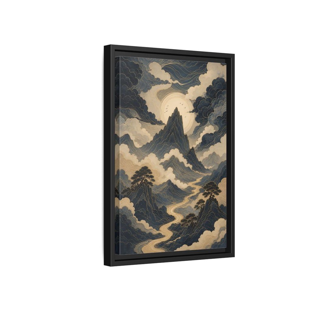 Side Mockup 6. Nature Mountain River Blue And Gold Landscape shown as stretched canvas wall art