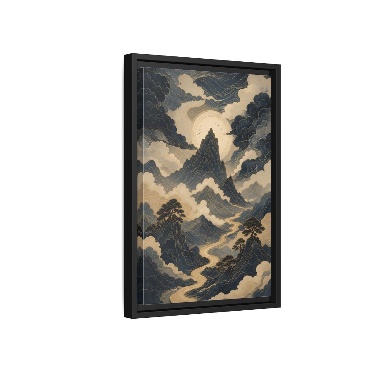 Nature Mountain River Blue and Gold Framed Canvas Wall Art - Traditional Living Room, Above Console Table shown as canvas wall art