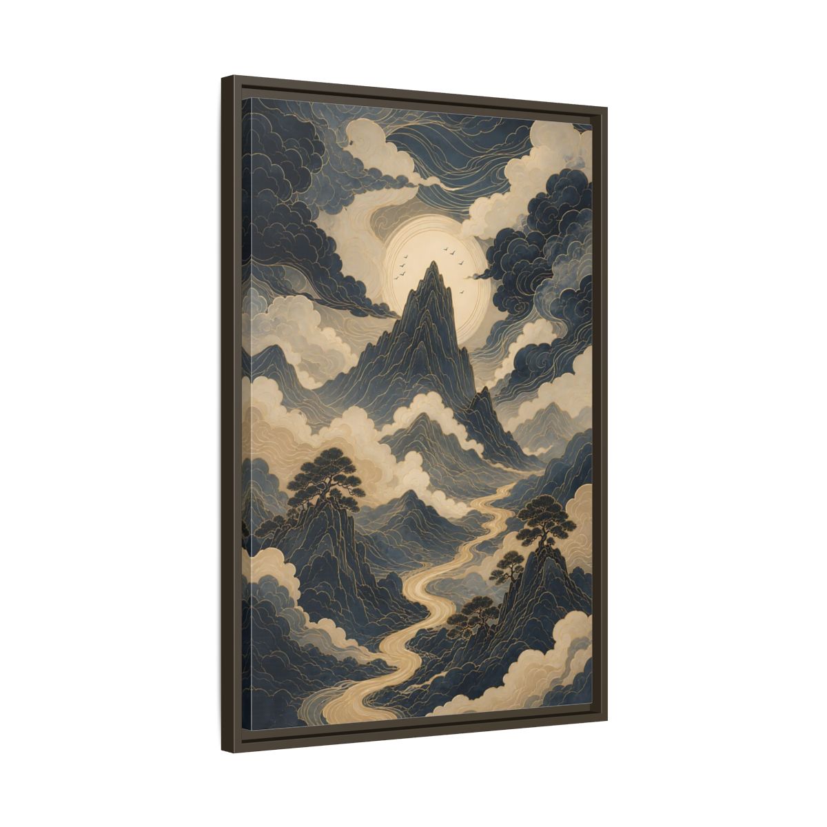 Nature Mountain River Blue and Gold Framed Canvas Wall Art - Traditional Living Room, Above Console Table shown as canvas wall art
