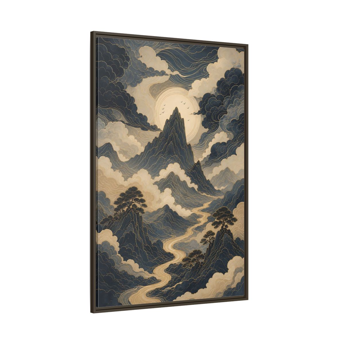 Nature Mountain River Blue and Gold Framed Canvas Wall Art - Traditional Living Room, Above Console Table shown as canvas wall art