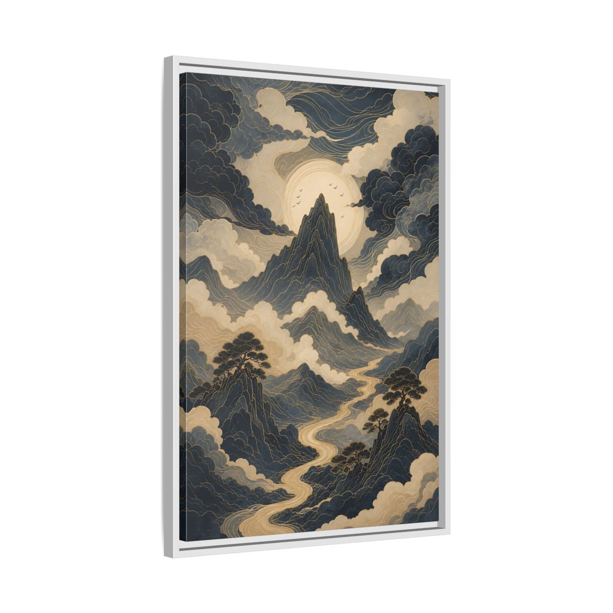 Nature Mountain River Blue and Gold Framed Canvas Wall Art - Traditional Living Room, Above Console Table shown as canvas wall art