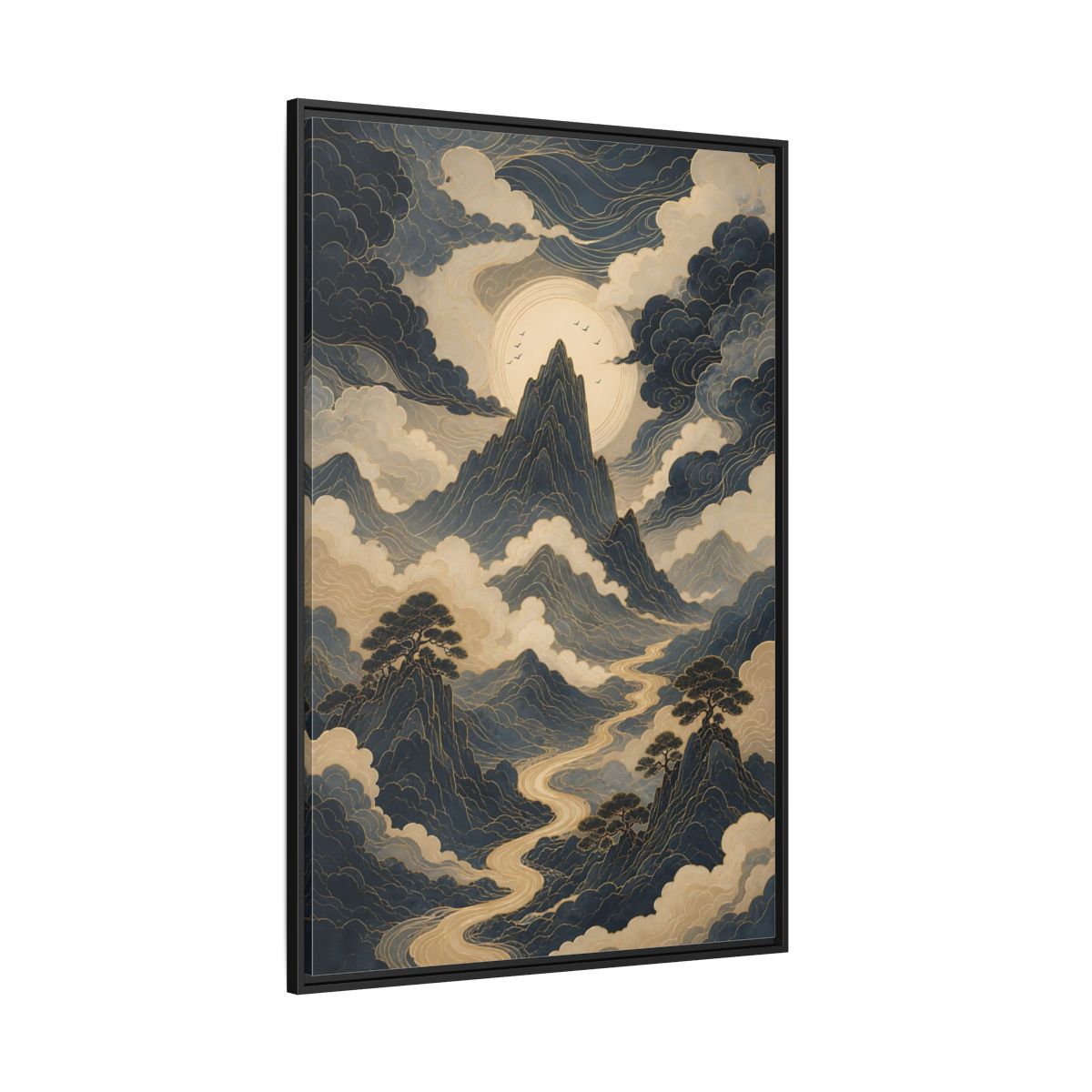 Nature Mountain River Blue and Gold Framed Canvas Wall Art - Traditional Living Room, Above Console Table shown as canvas wall art