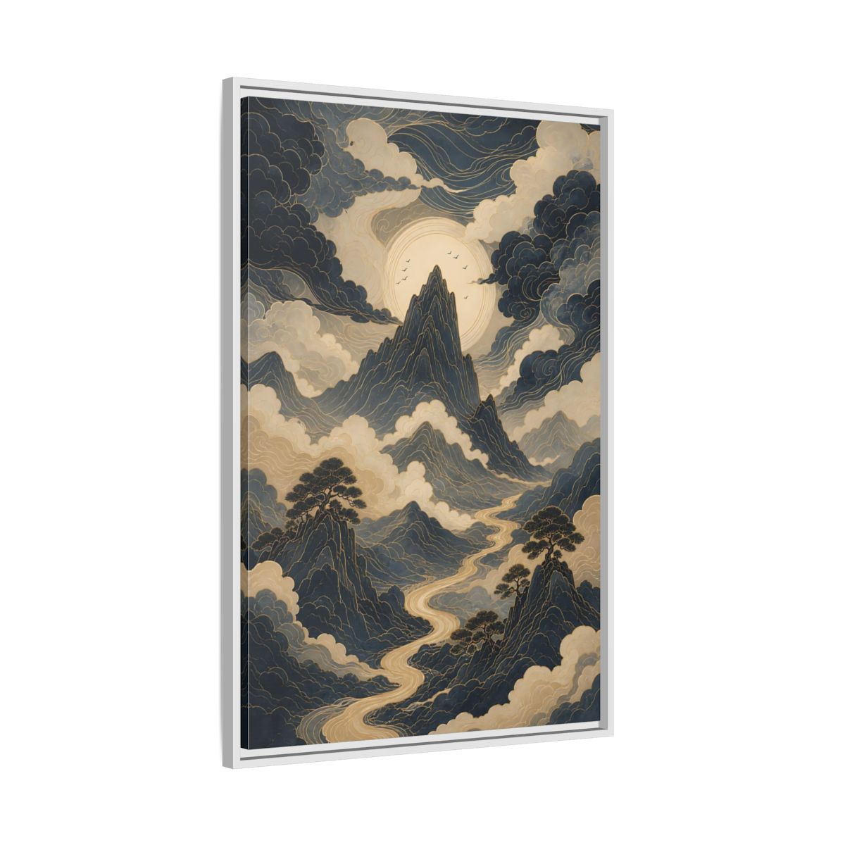 Nature Mountain River Blue and Gold Framed Canvas Wall Art - Traditional Living Room, Above Console Table shown as canvas wall art