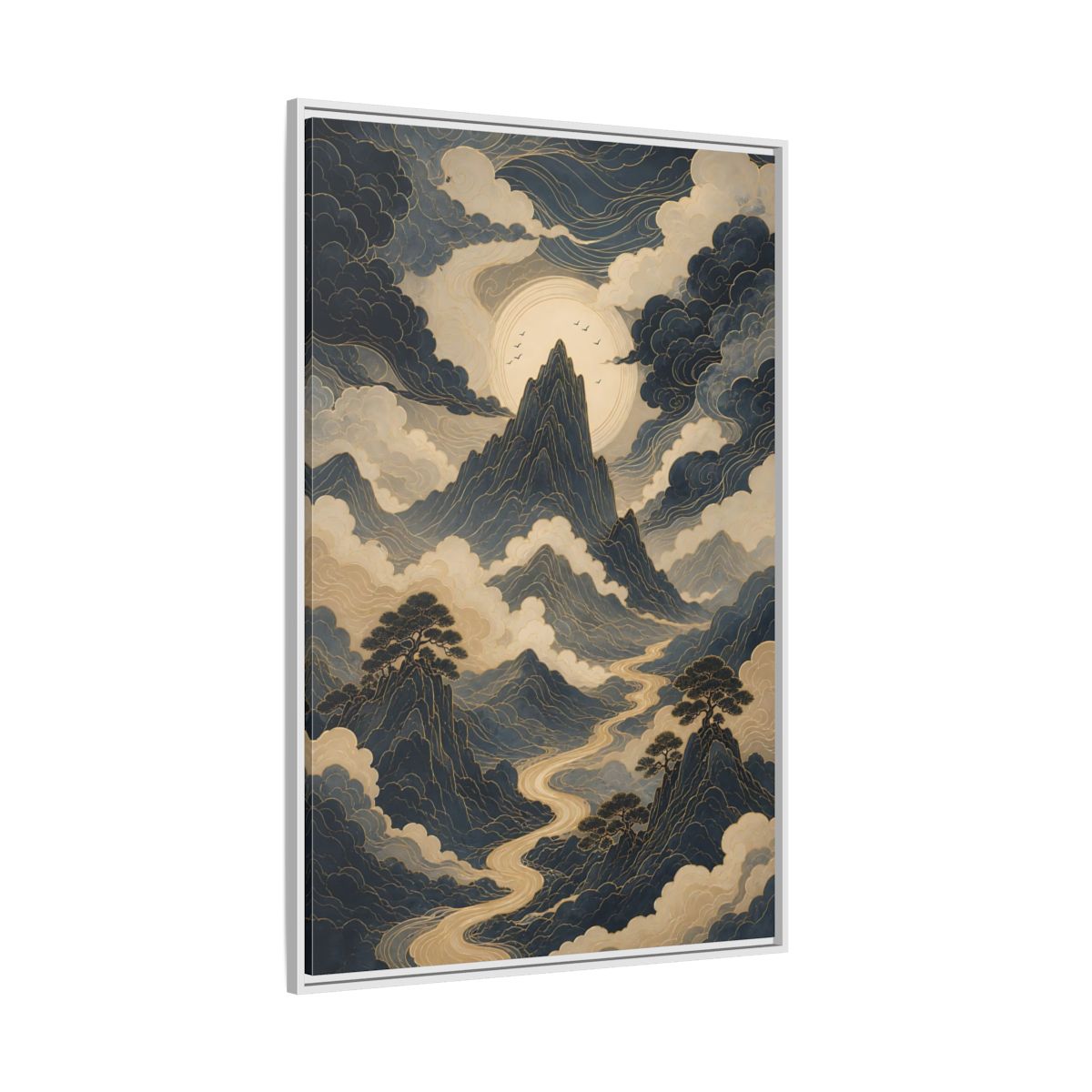 Nature Mountain River Blue and Gold Framed Canvas Wall Art - Traditional Living Room, Above Console Table shown as canvas wall art