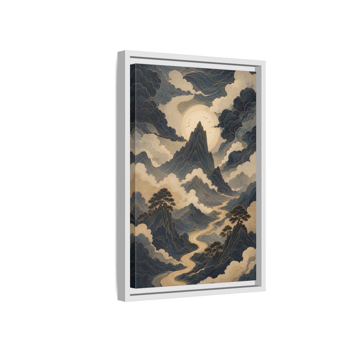 Nature Mountain River Blue and Gold Framed Canvas Wall Art - Traditional Living Room, Above Console Table shown as canvas wall art