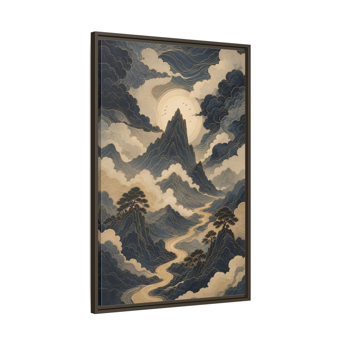 Nature Mountain River Blue and Gold Framed Canvas Wall Art - Traditional Living Room, Above Console Table shown as canvas wall art