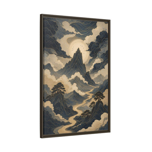 Main Mockup. Nature Mountain River Blue And Gold Landscape shown as stretched canvas wall art